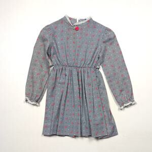 Vintage Nannette Dress Girls Size 5 Gray Rose Floral Mock Neck Long Sleeve